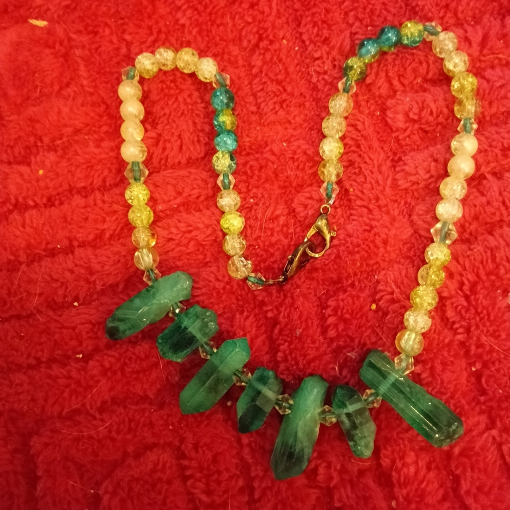 Colorful Beaded Necklace with Green Stones